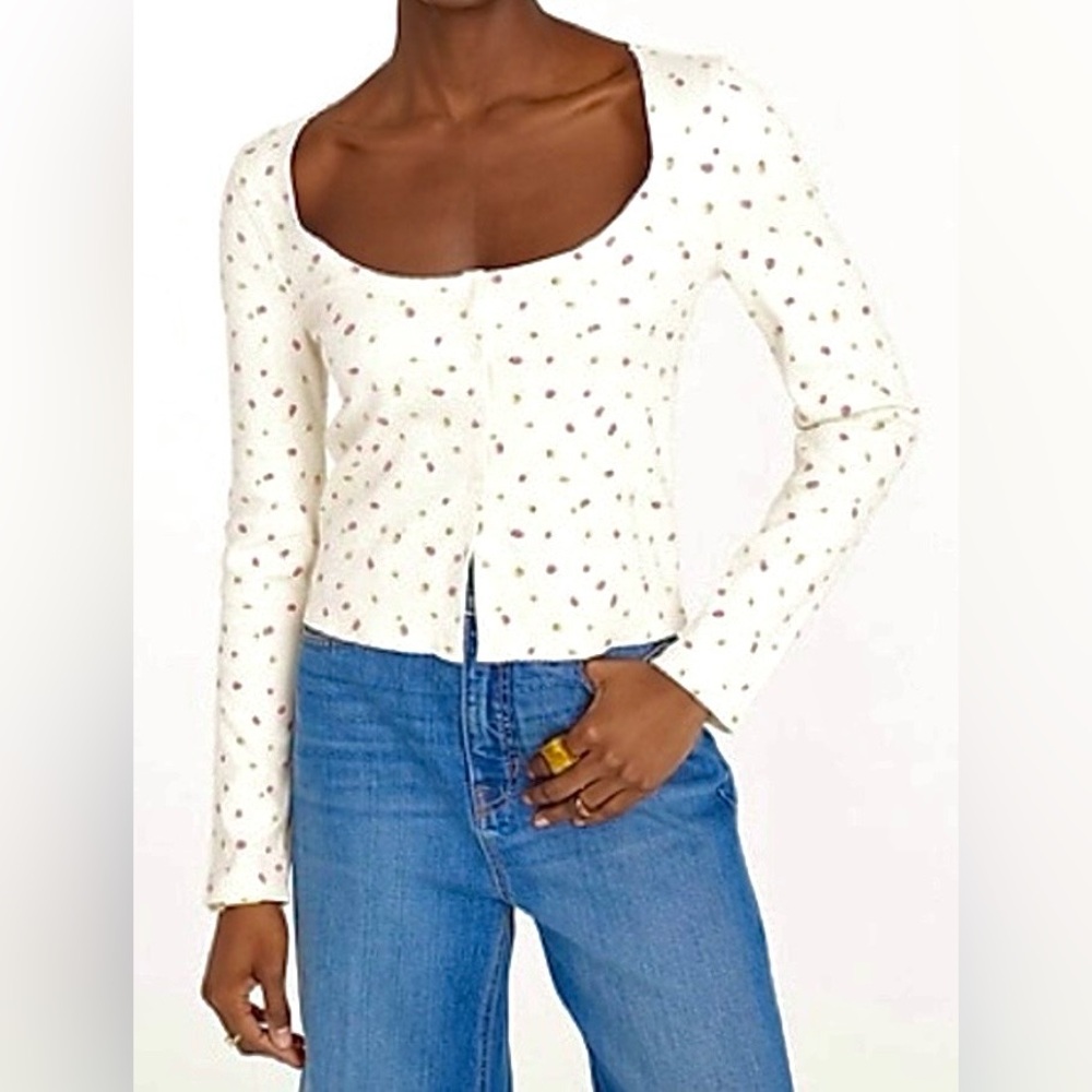 J. Crew Cardigan Top Ribbed Cotton Front Buttons Pink  Floral on Cream Size M